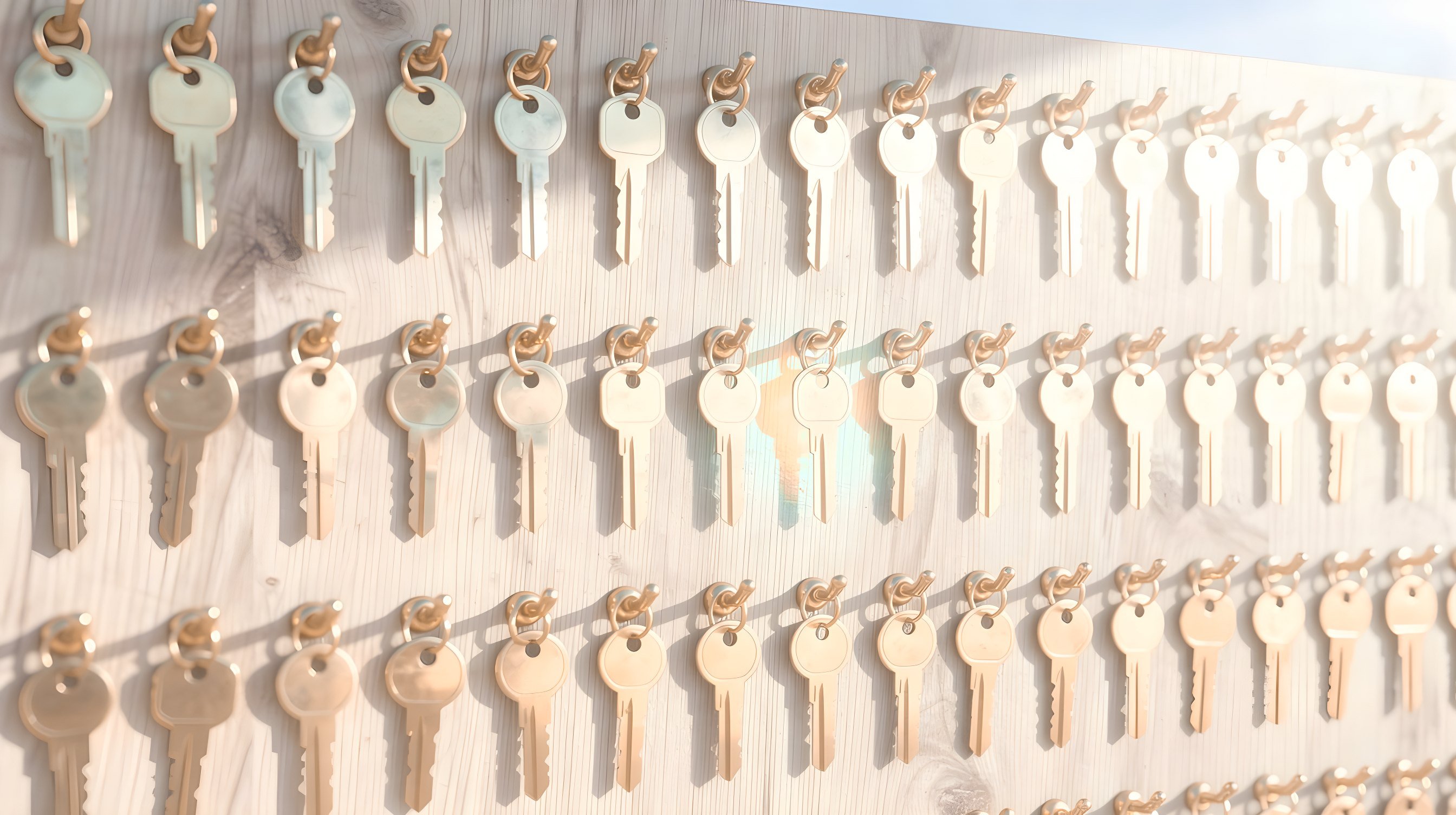 Illustration: a wall board of identical brass keys hanging in neat rows, one key glowing.