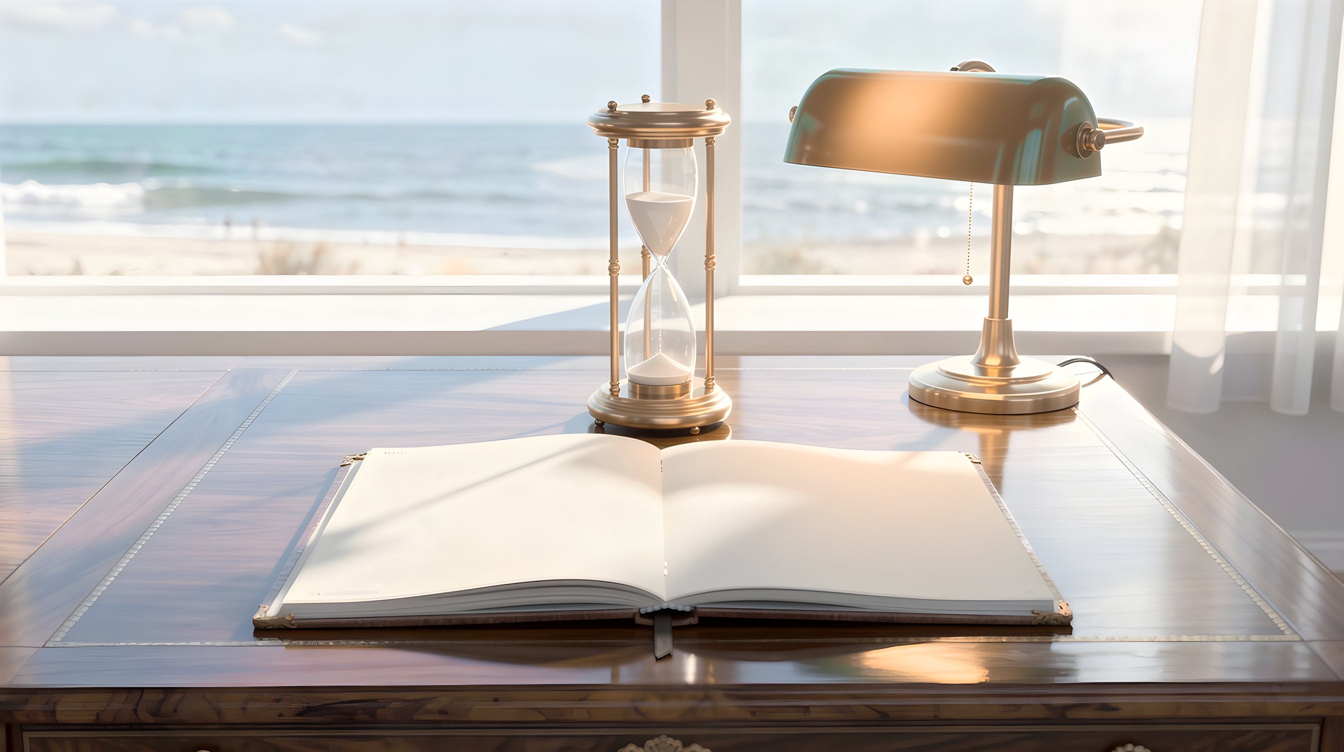 Illustration: a walnut ledger desk with a blank open ledger and a brass hourglass beside a banker lamp.