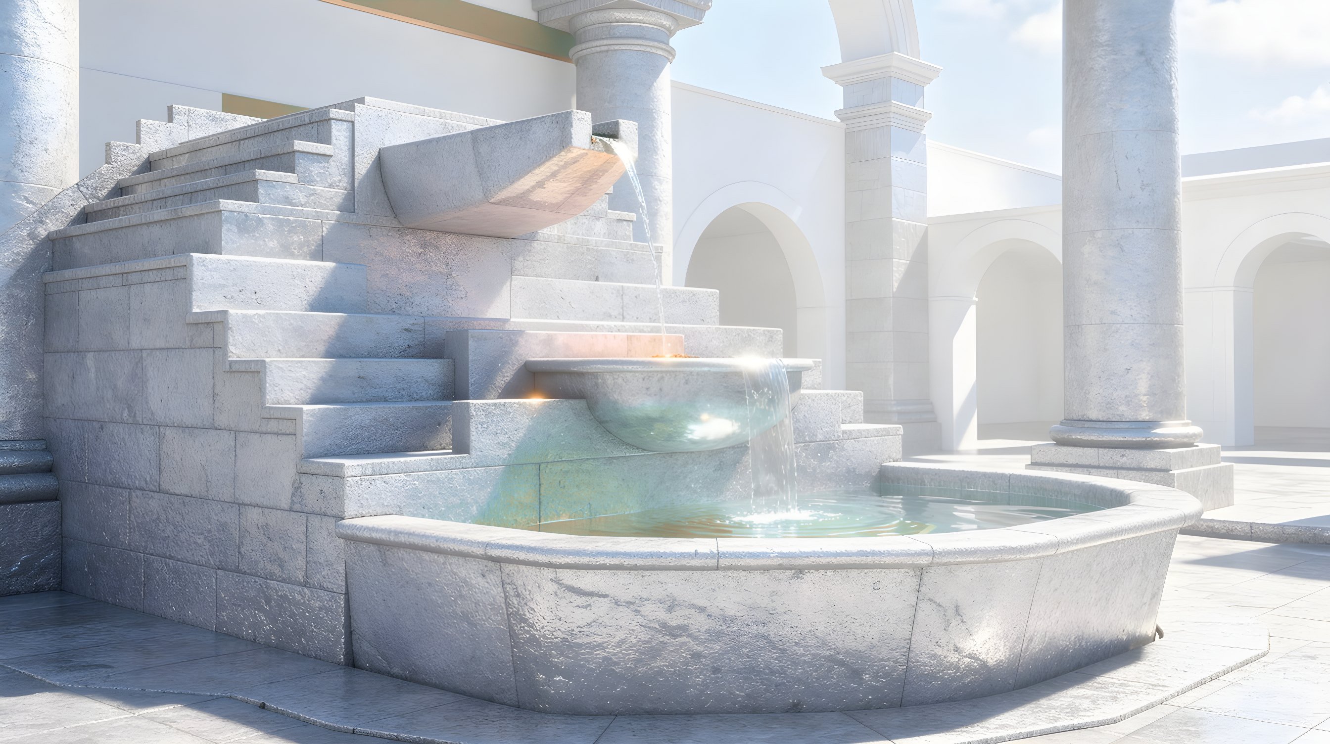 Illustration: a stepped stone water clock in a quiet hall, a thin stream of water falling into a basin.