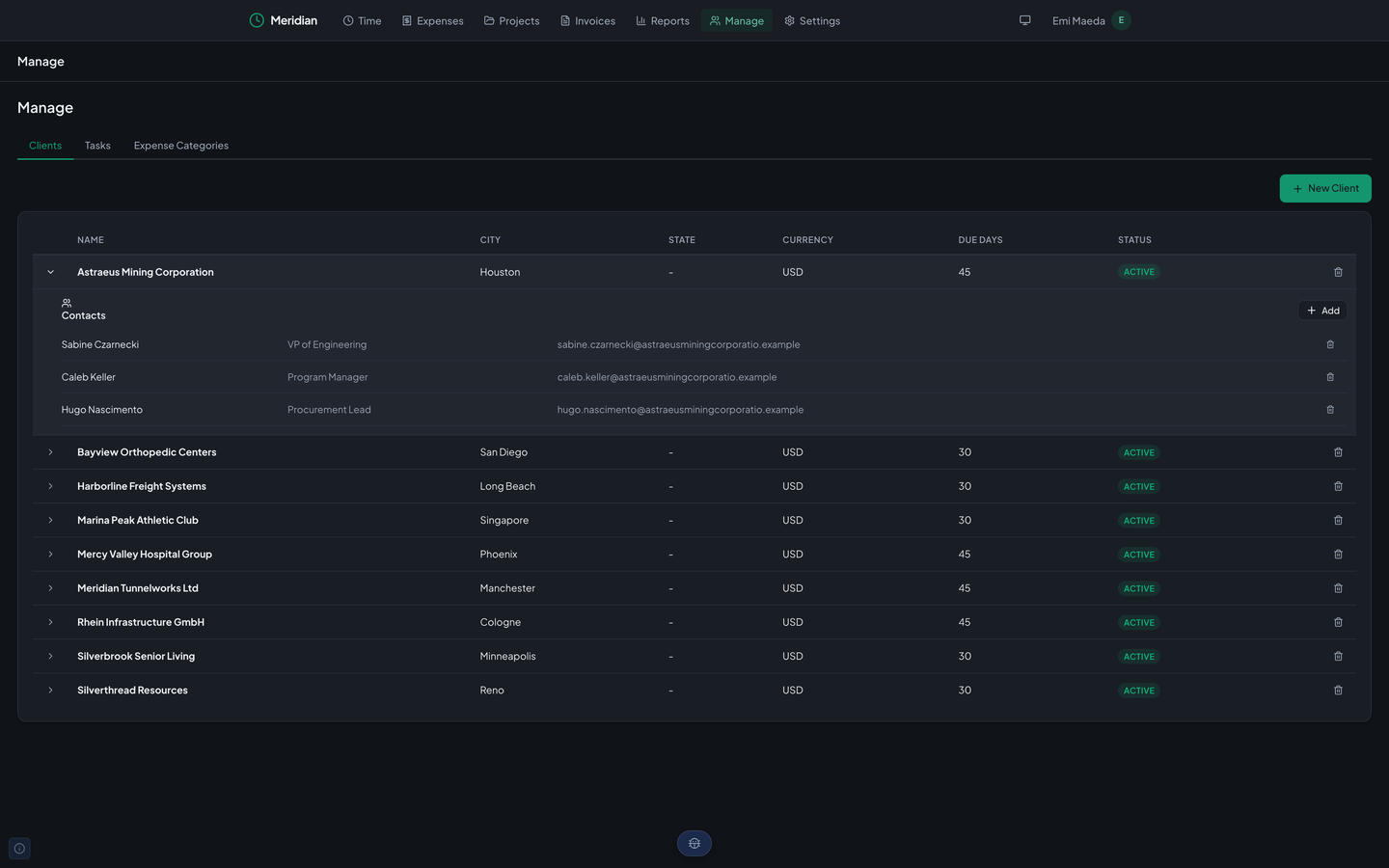 Meridian's Manage page on the Clients tab, listing nine clients with their city, currency, due days, and status; the first client is open and shows three contacts with their titles and email addresses.
