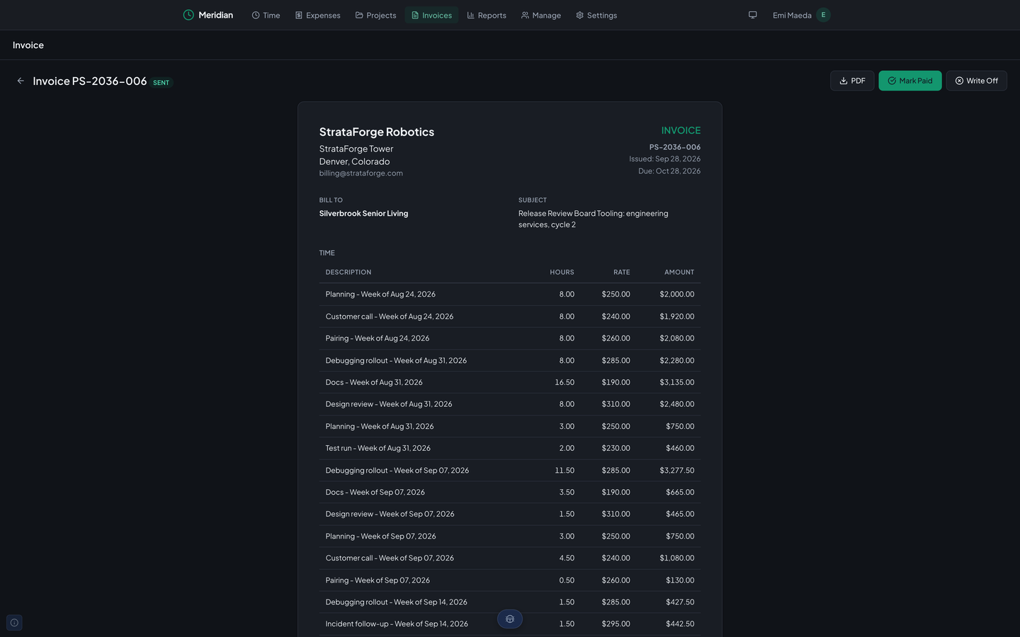Meridian's invoice PS-2036-006 with a Sent badge, buttons for PDF, Mark Paid, and Write Off, and the invoice itself: StrataForge Robotics at the top, the client it bills, the subject, and weekly time lines with hours, rate, and amount.