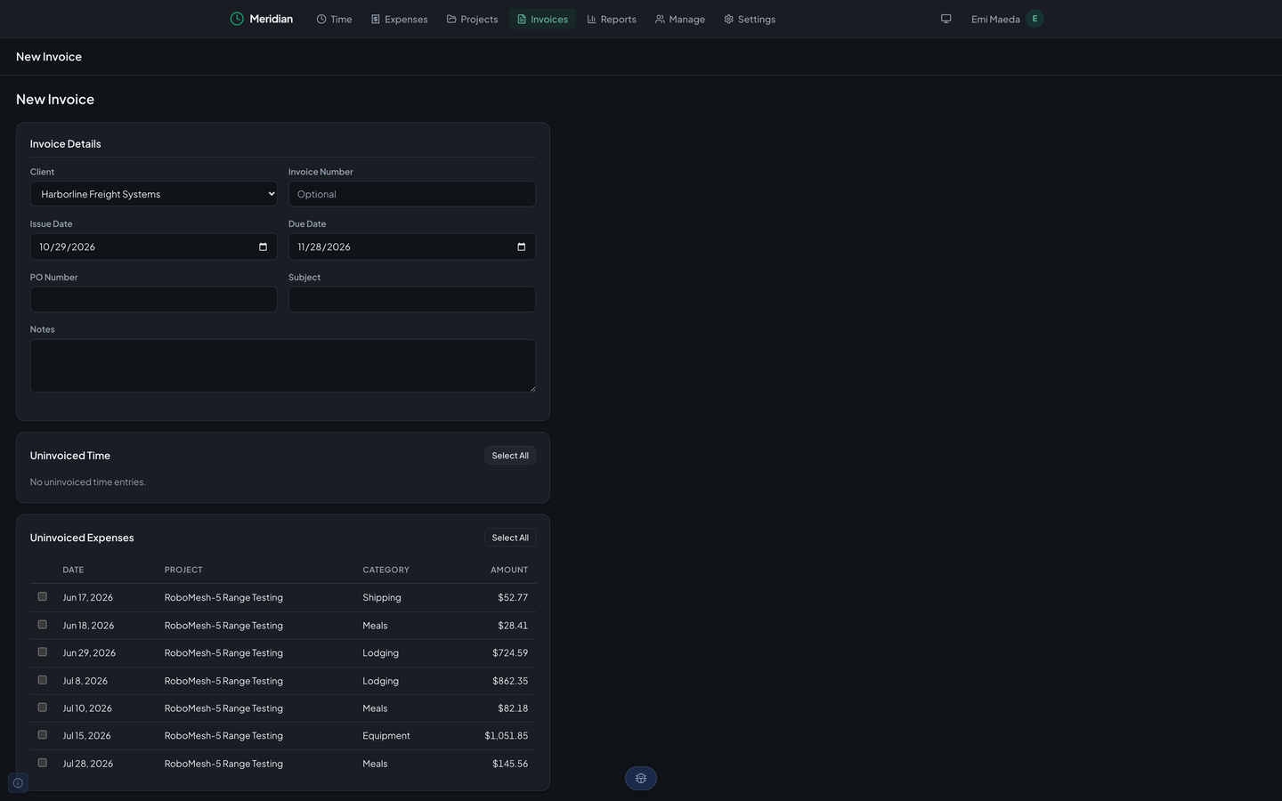 Meridian's New Invoice page: a form for client, invoice number, issue and due dates, purchase order number, subject, and notes, followed by lists of uninvoiced time and uninvoiced expenses with a check box on each row and a Select All button.
