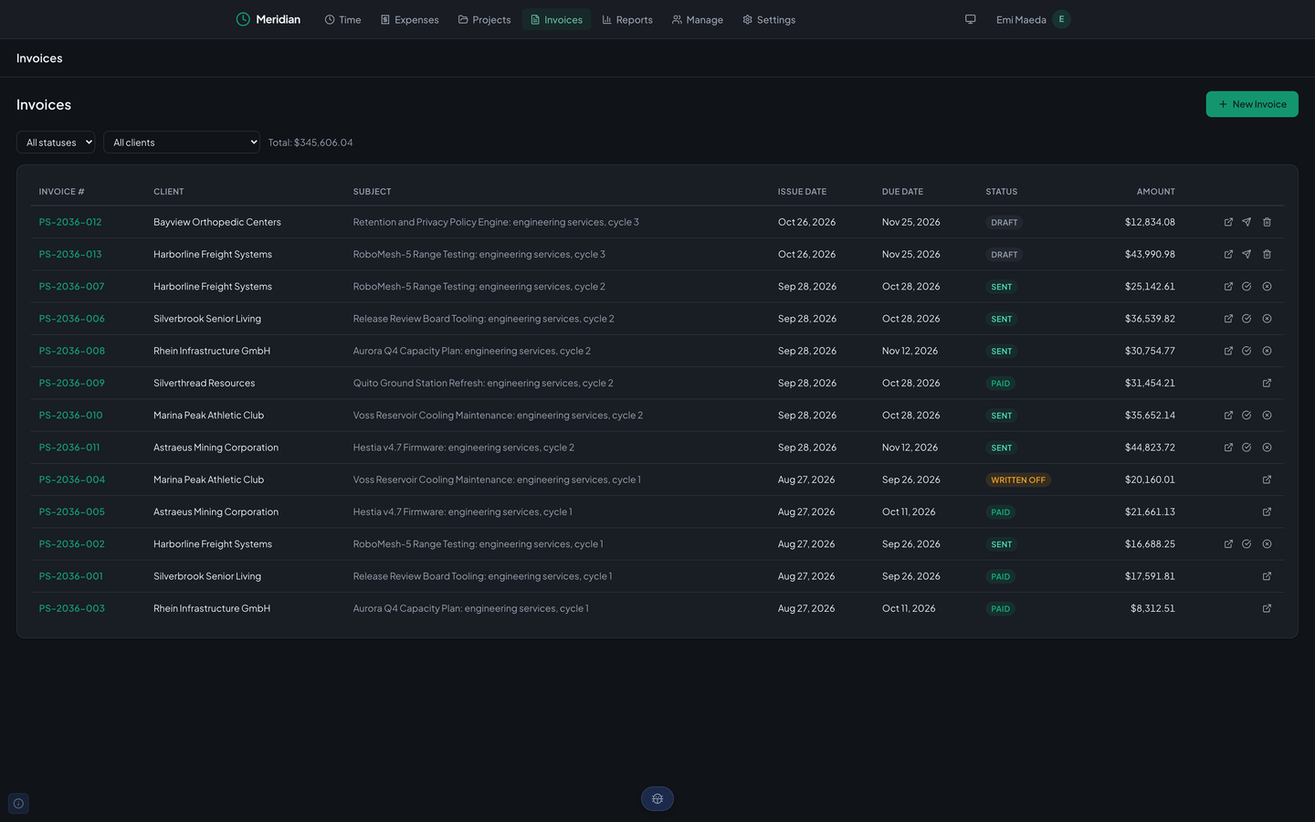 Meridian's invoice list for StrataForge Robotics, a fictional company: thirteen invoices with their numbers, clients, subjects, issue and due dates, a status badge for draft, sent, paid, or written off, and the amount, with a total above the table.