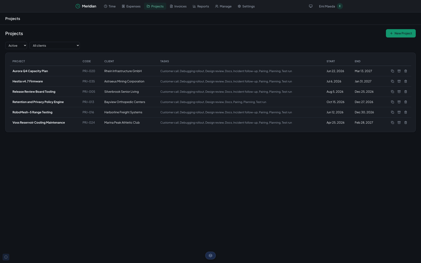 Meridian's project list showing six active projects with their codes, clients, the tasks that can be billed to each, and start and end dates, plus duplicate, archive, and delete buttons on each row.