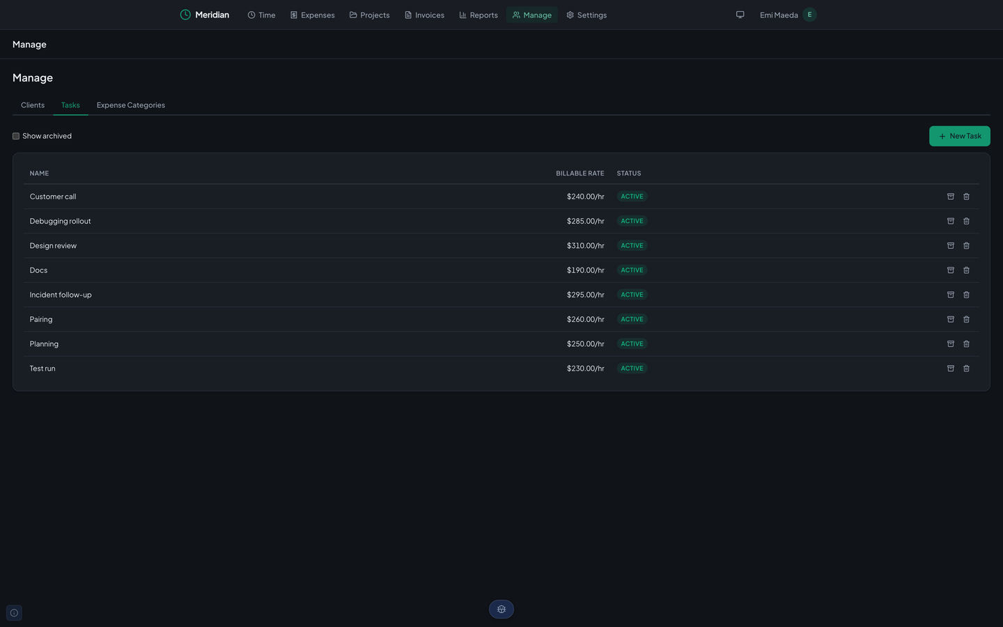 Meridian's Manage page on the Tasks tab, a table of tasks with a billable rate per hour and an Active or Archived badge.